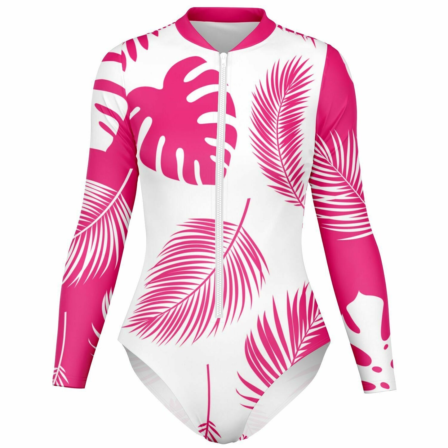 Pink and White Tropical Leaves Women's Bodysuit Long Sleeve One Piece Swimwear