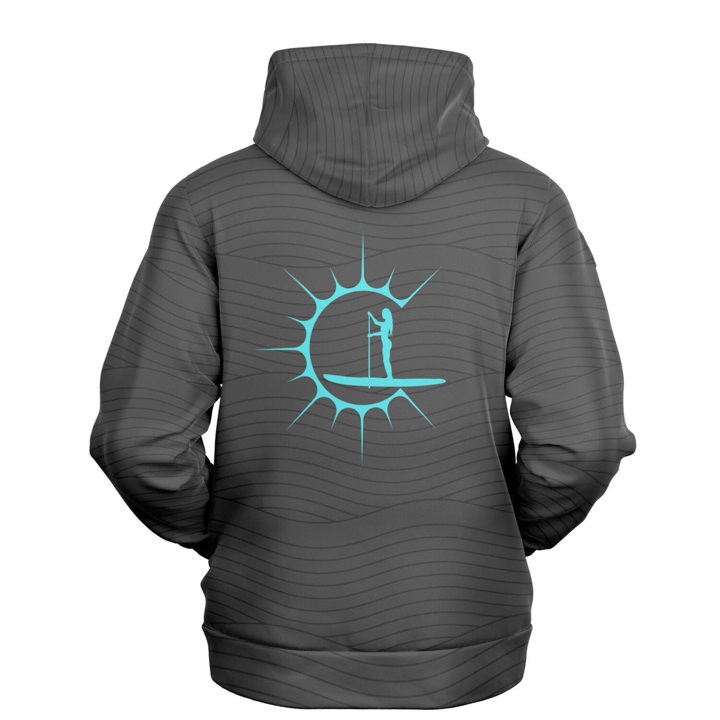Women's Grey Athletic Hoodie with Turquoise Sun and Paddleboarder Design