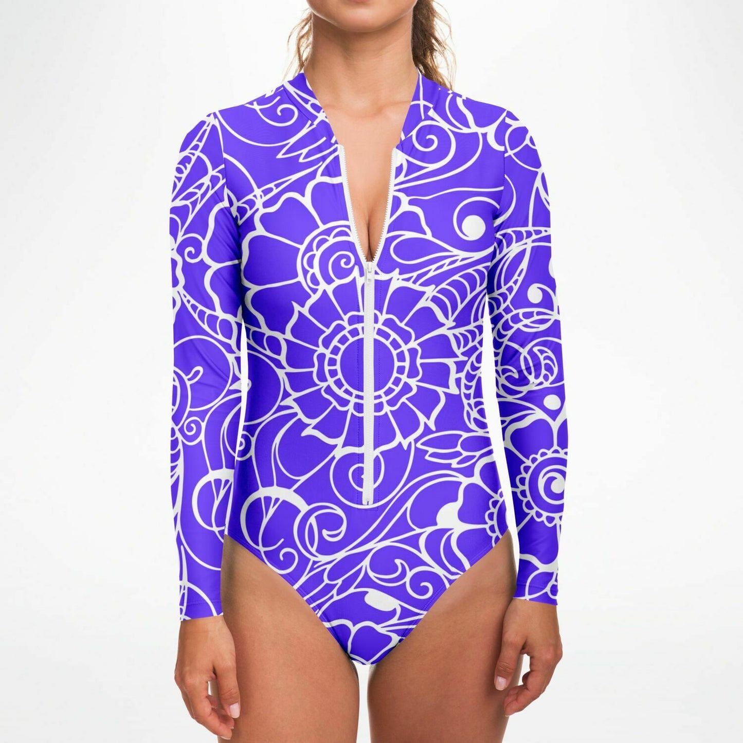 Women's White and Purple Abstract Design Bodysuit Long Sleeve One Piece Swimwear
