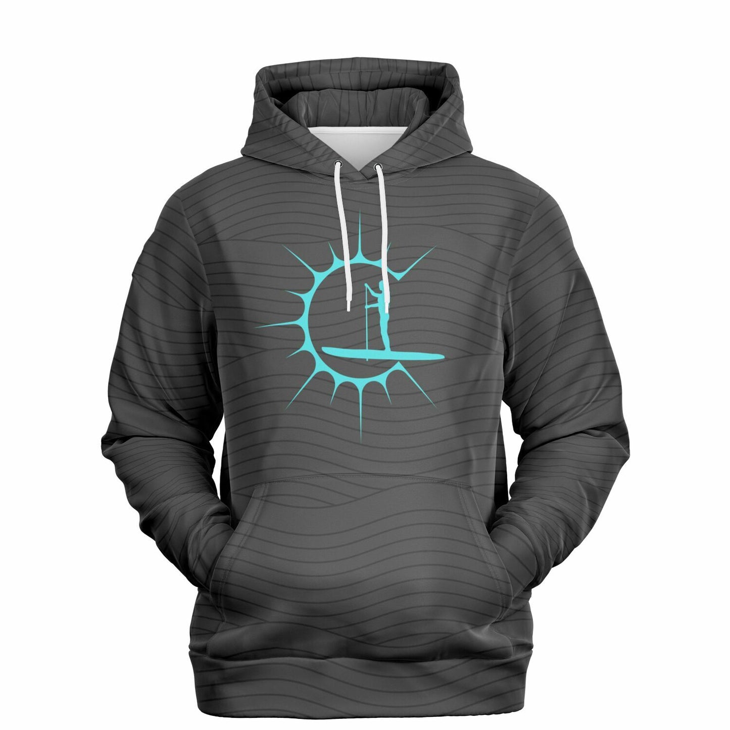 Women's Grey Athletic Hoodie with Turquoise Sun and Paddleboarder Design