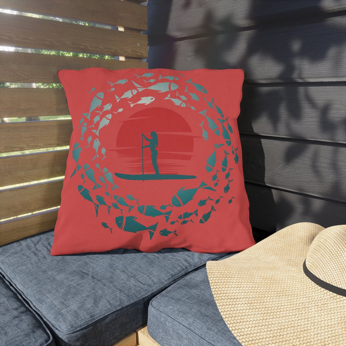 Vibrant Red and Blue Paddleboarder and Fish Outdoor Pillows