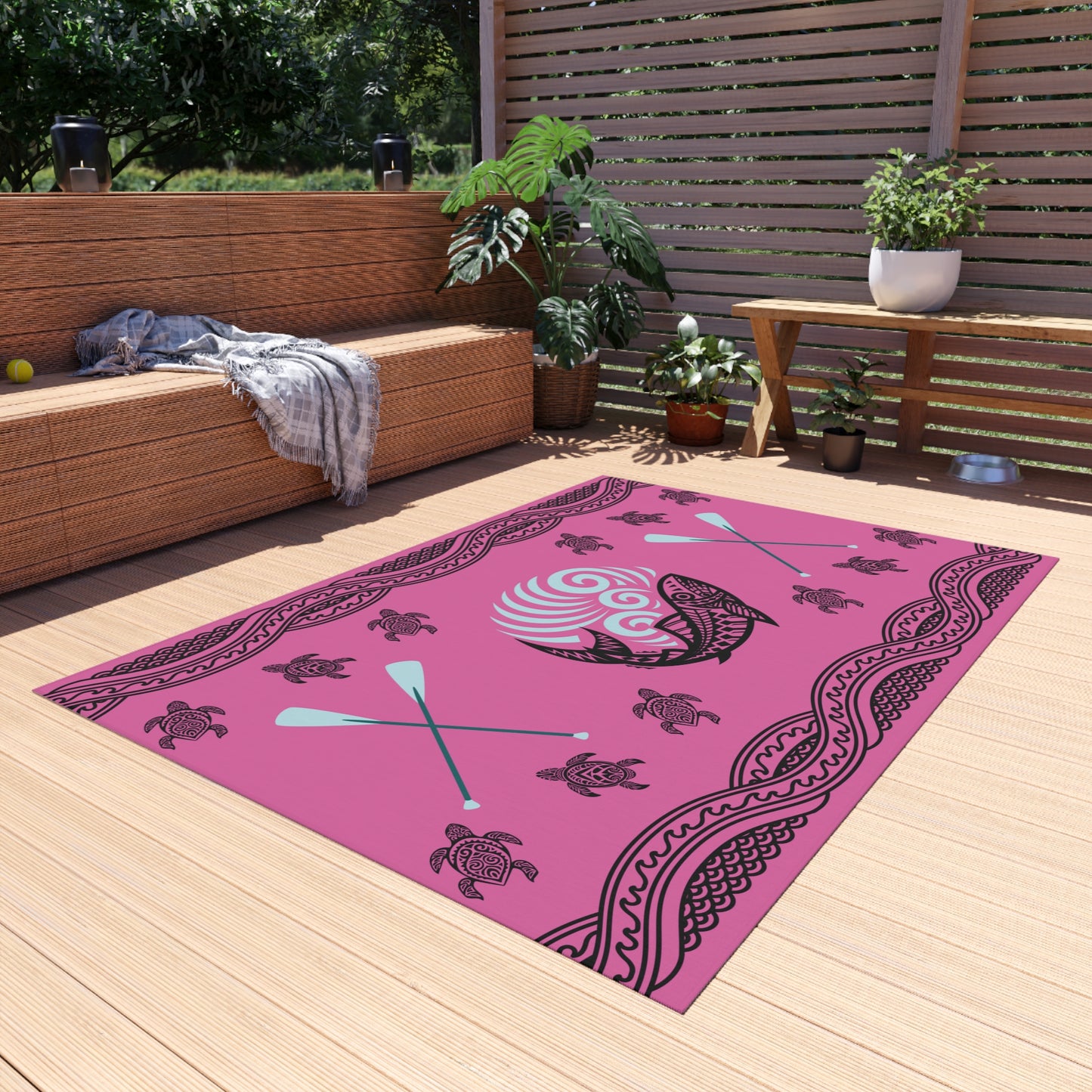 Vibrant and Purple with Paddles and Turtles Water and Mildew Resistant Outdoor Rug