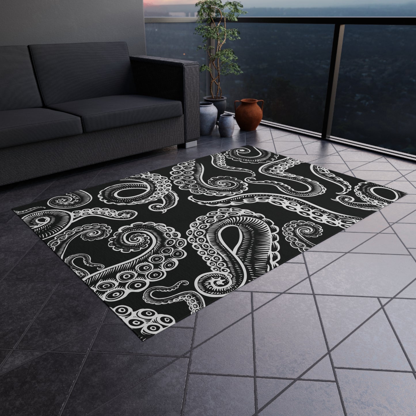 Modern Black and White Octopus Tentacles Design Water and Mildew Outdoor Rug