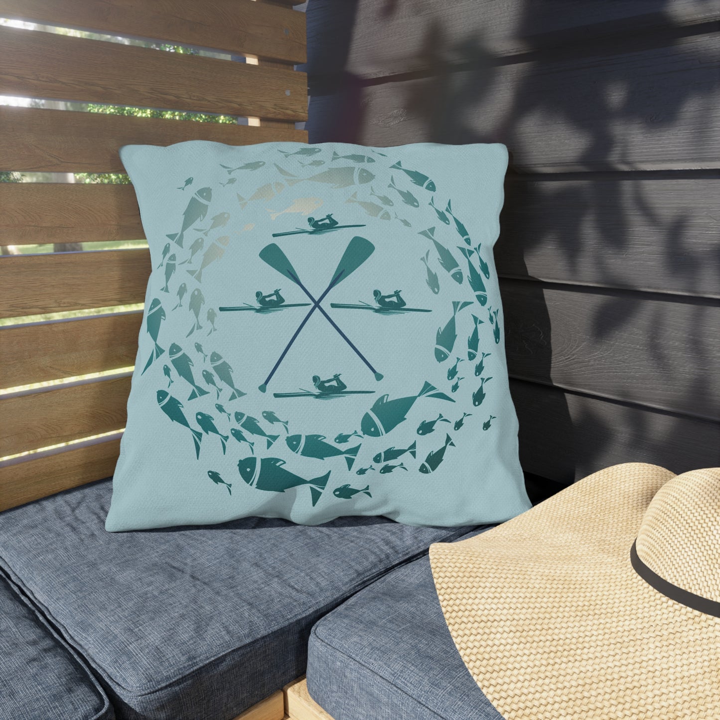 Pastel Blue Fish and Paddle Outdoor Pillows