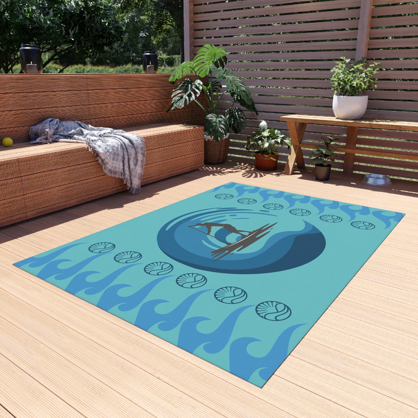 Blue Paddleboarder Racing Across the Waves Water and Mildew Resistant Outdoor Rug