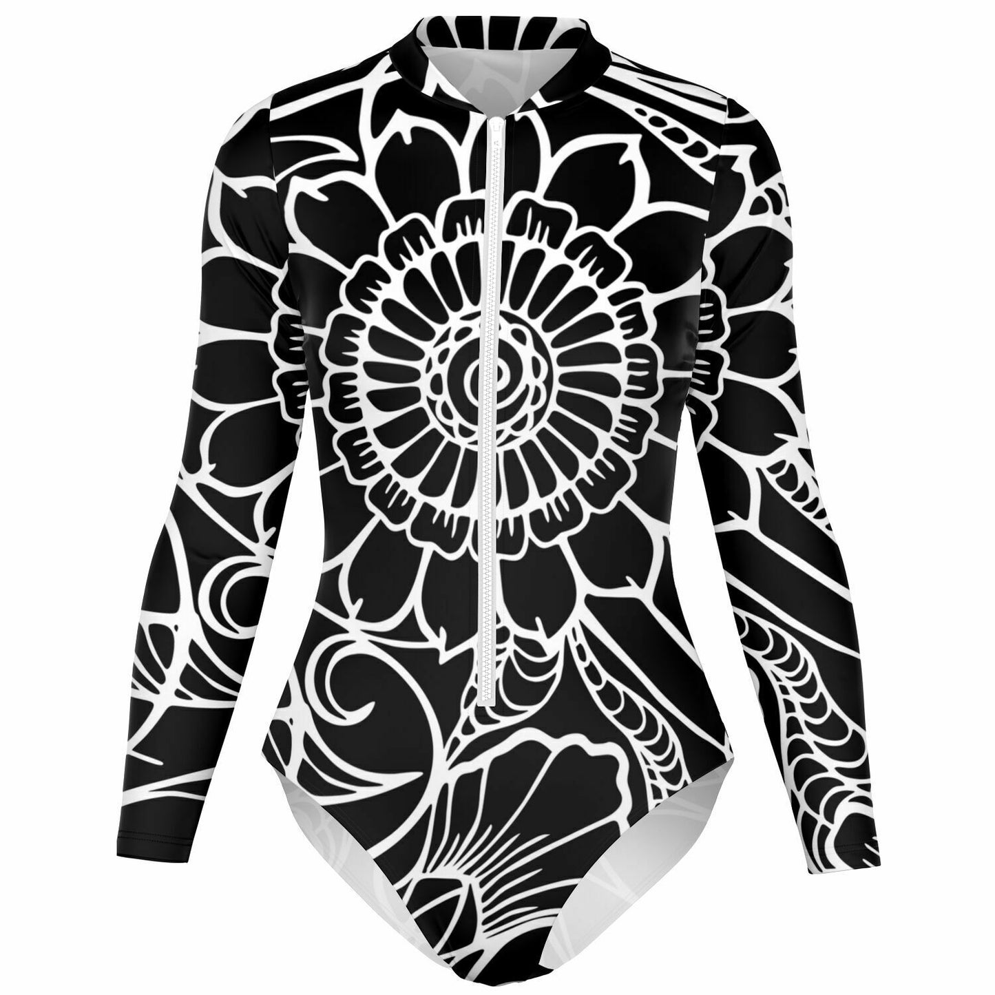 Black and White Women's Bodysuit Long Sleeve One Piece Swimwear