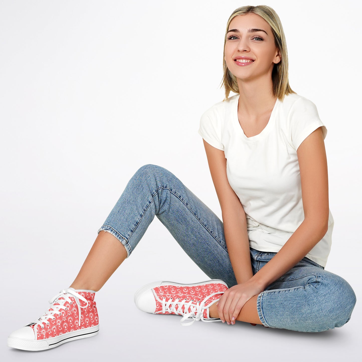 Women's Red and White Board and Sun Urban Peak High Top Shoes
