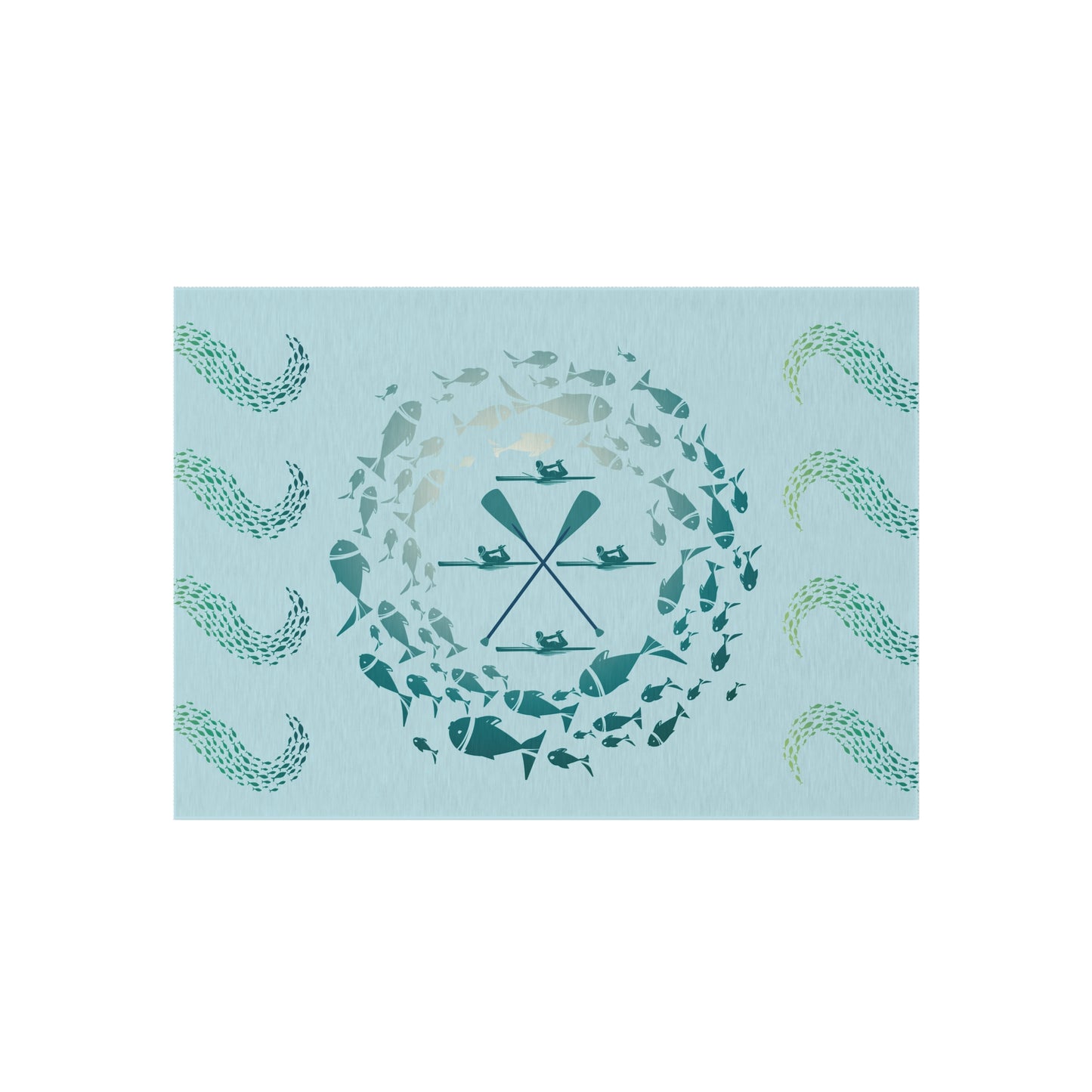 Pastel Blue School of Fish and Paddles Water and Mildew Resistant Outdoor Rug