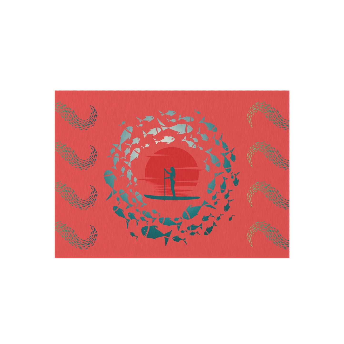Vibrant Red and Blue Paddleboarder Surrounded by Fish Water Resistant Outdoor Rug