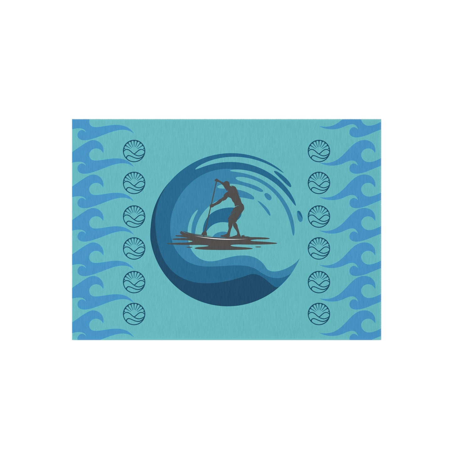 Blue Paddleboarder Racing Across the Waves Water and Mildew Resistant Outdoor Rug