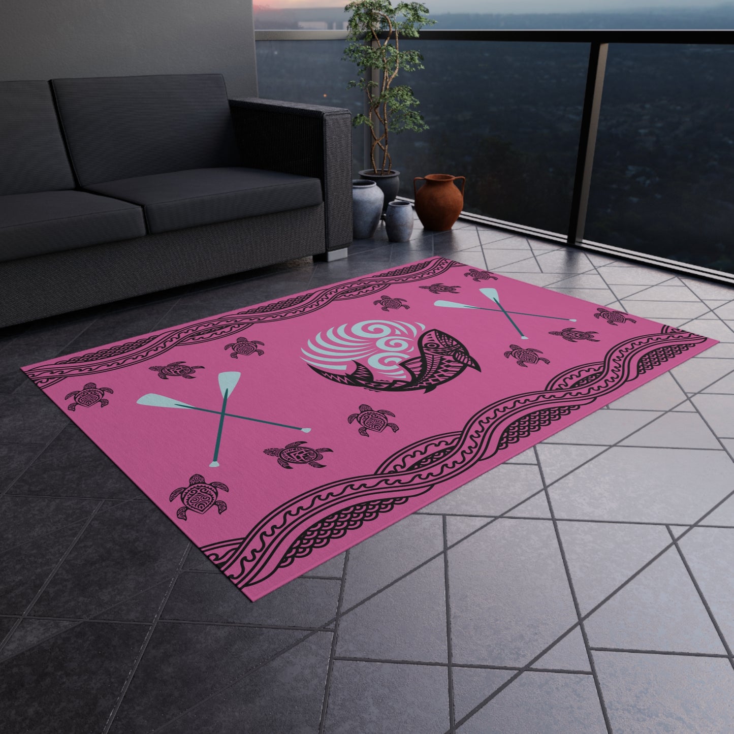 Vibrant and Purple with Paddles and Turtles Water and Mildew Resistant Outdoor Rug