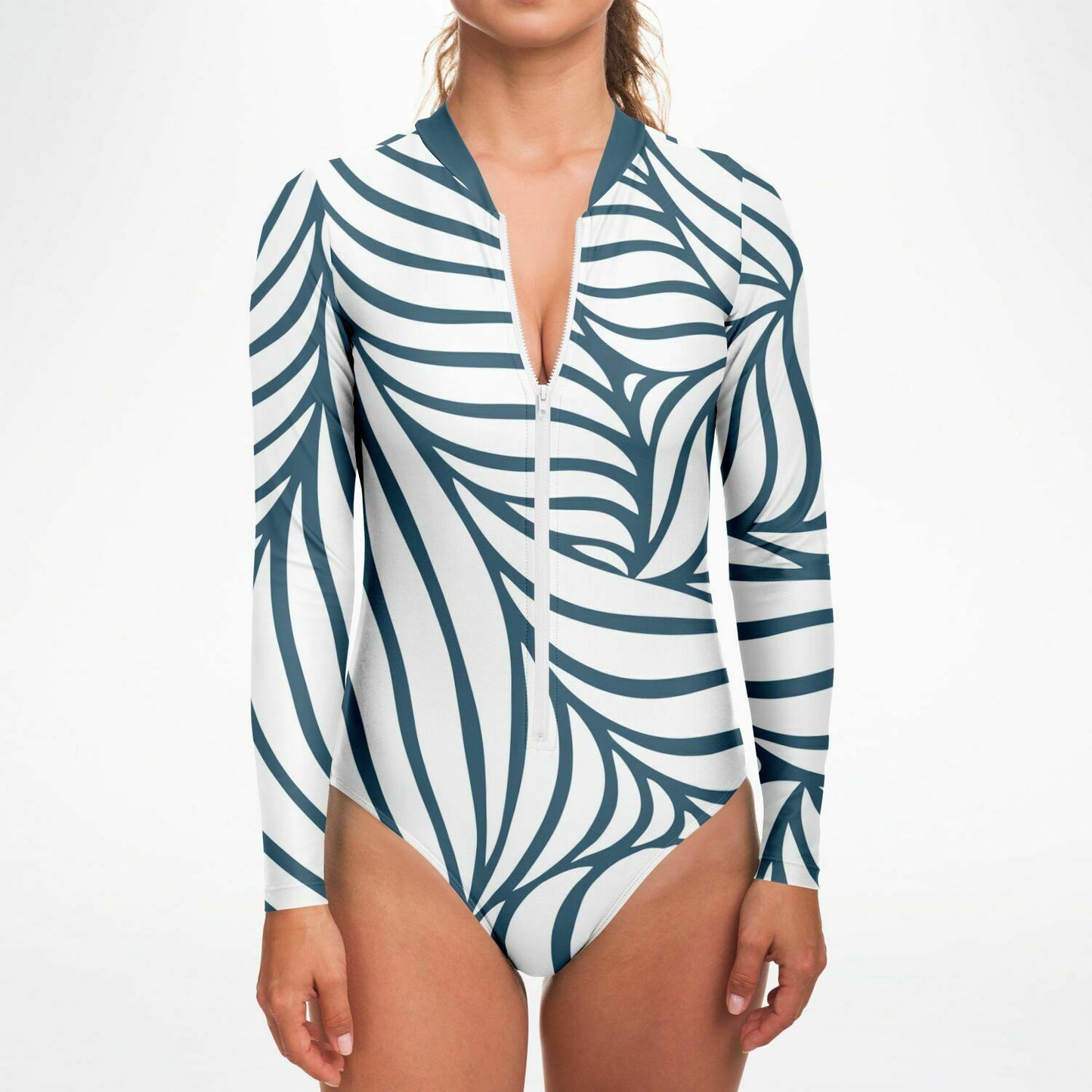 White and Dark Teal Abstract Lines Design Women's Bodysuit Long Sleeve One Piece Swimwear