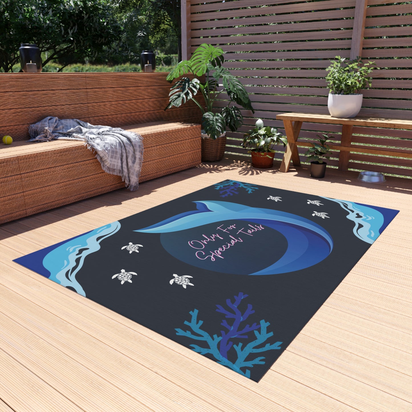 Blue Whale's Tail and Turtles Swimming Around Coral Water and Mildew Resistant Outdoor Rug