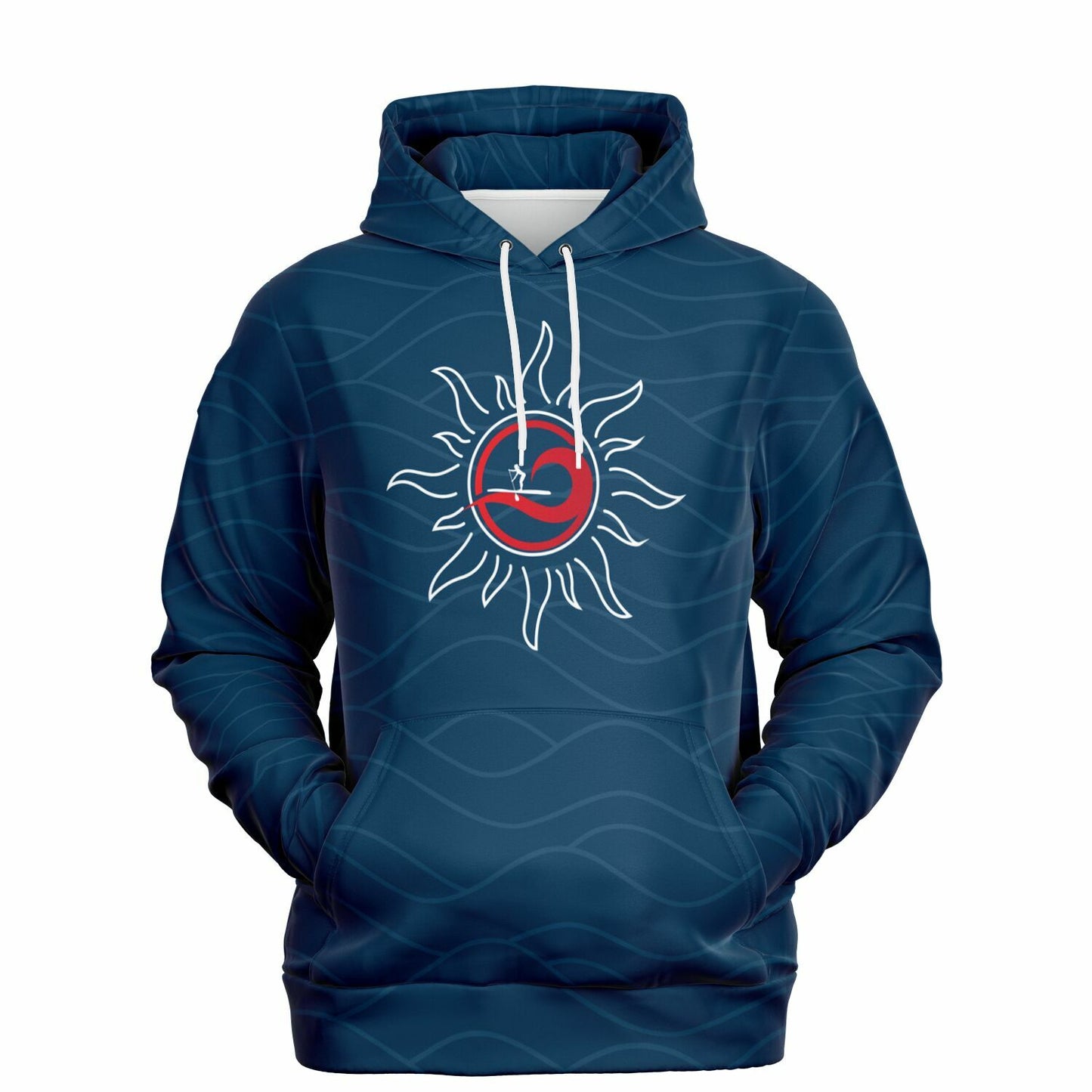 Women's Navy Blue Fashion Hoodie with Red Wave&Sun Design
