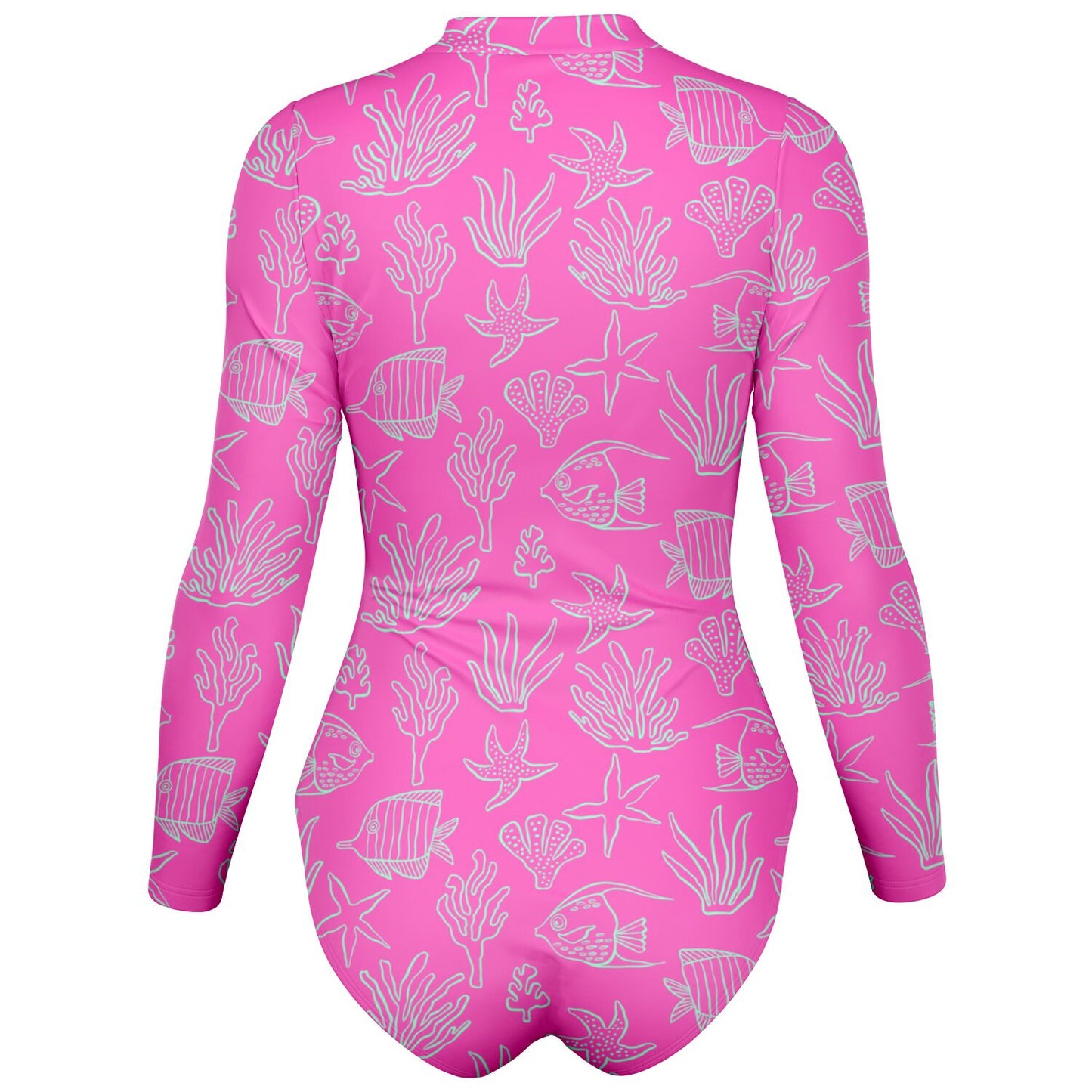 Pink with Beach Elements All Over Design Women's Bodysuit Long Sleeve One Piece Swimwear