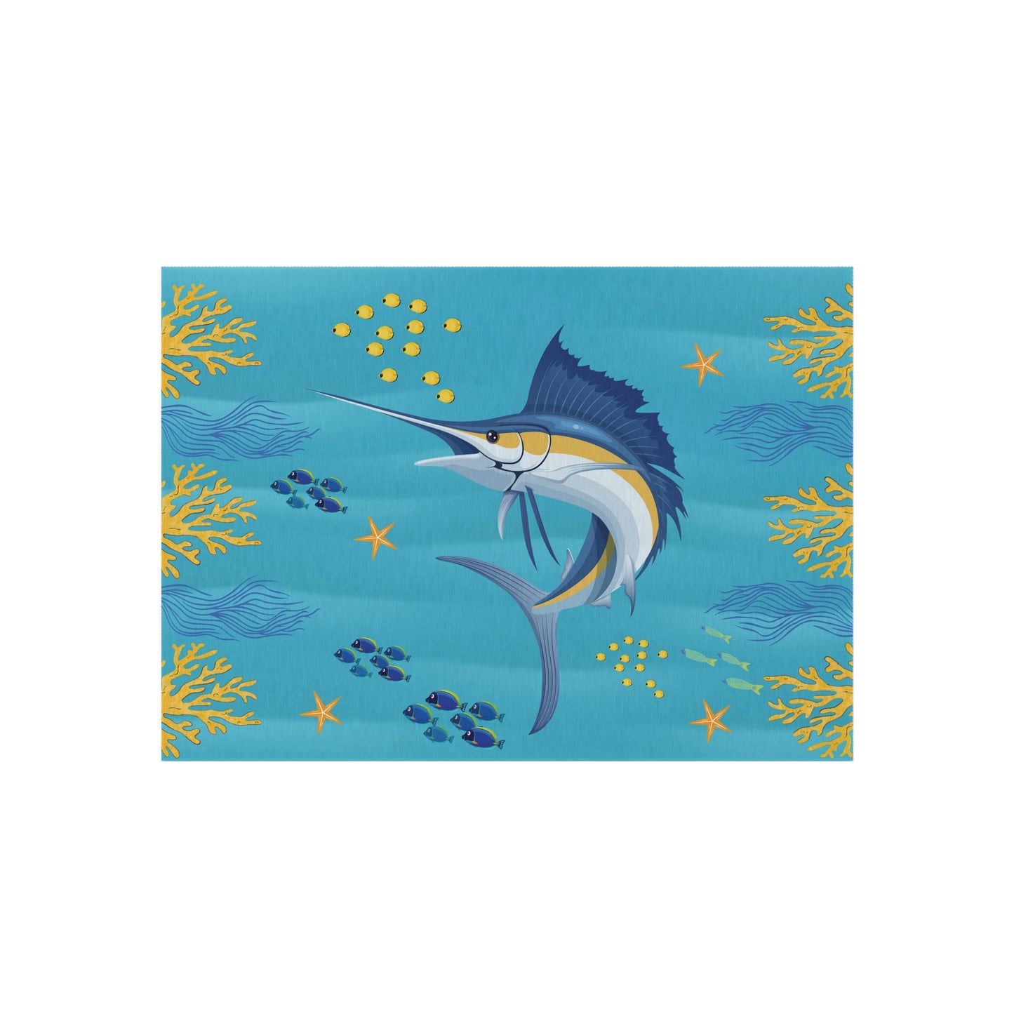 Large White Marlin Fish Surrounded by Coral Blue and Yellow Outdoor Rug