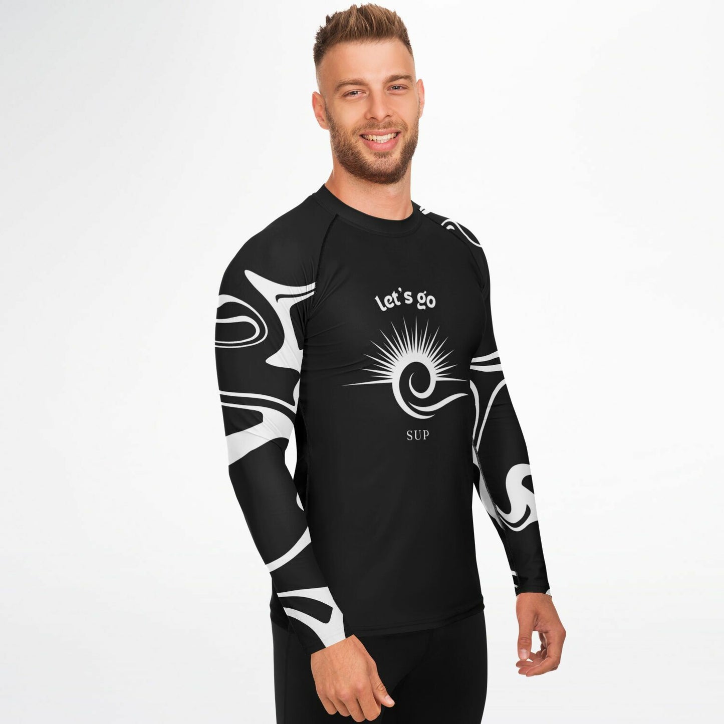 Men's Black and White Stylish Rashguard with Sun and Let's Go Sup Design