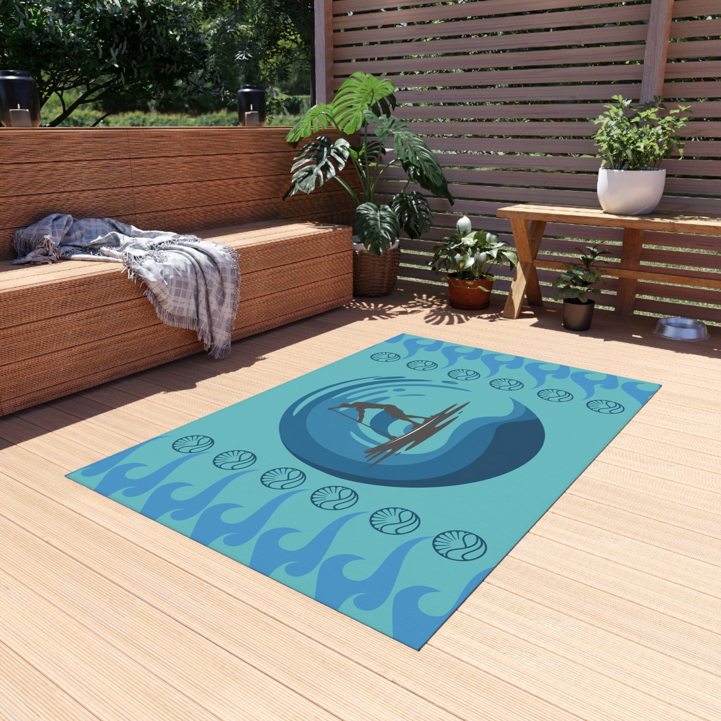 Blue Paddleboarder Racing Across the Waves Water and Mildew Resistant Outdoor Rug
