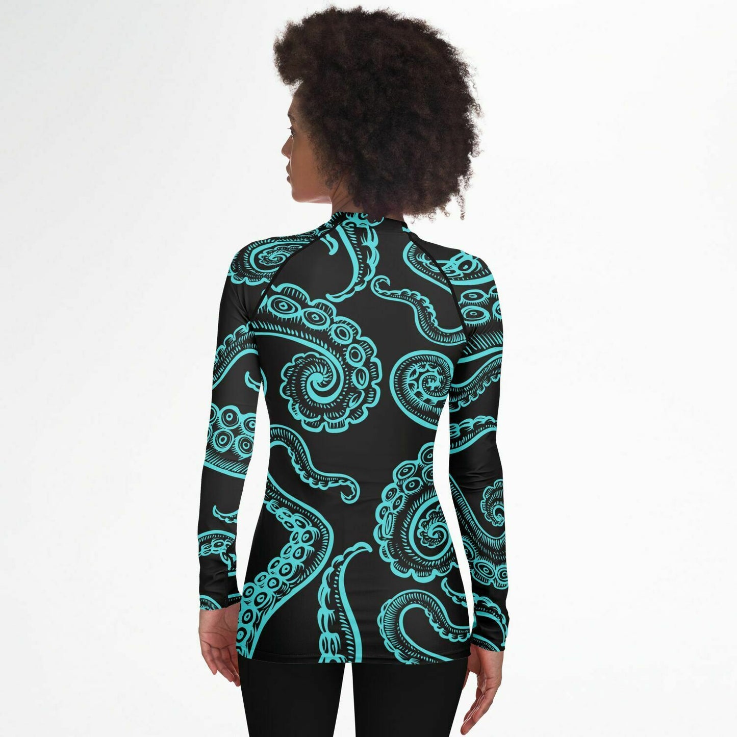 Women's Black and Teal Octopus Surf Shirt Long Sleeve Rashguard