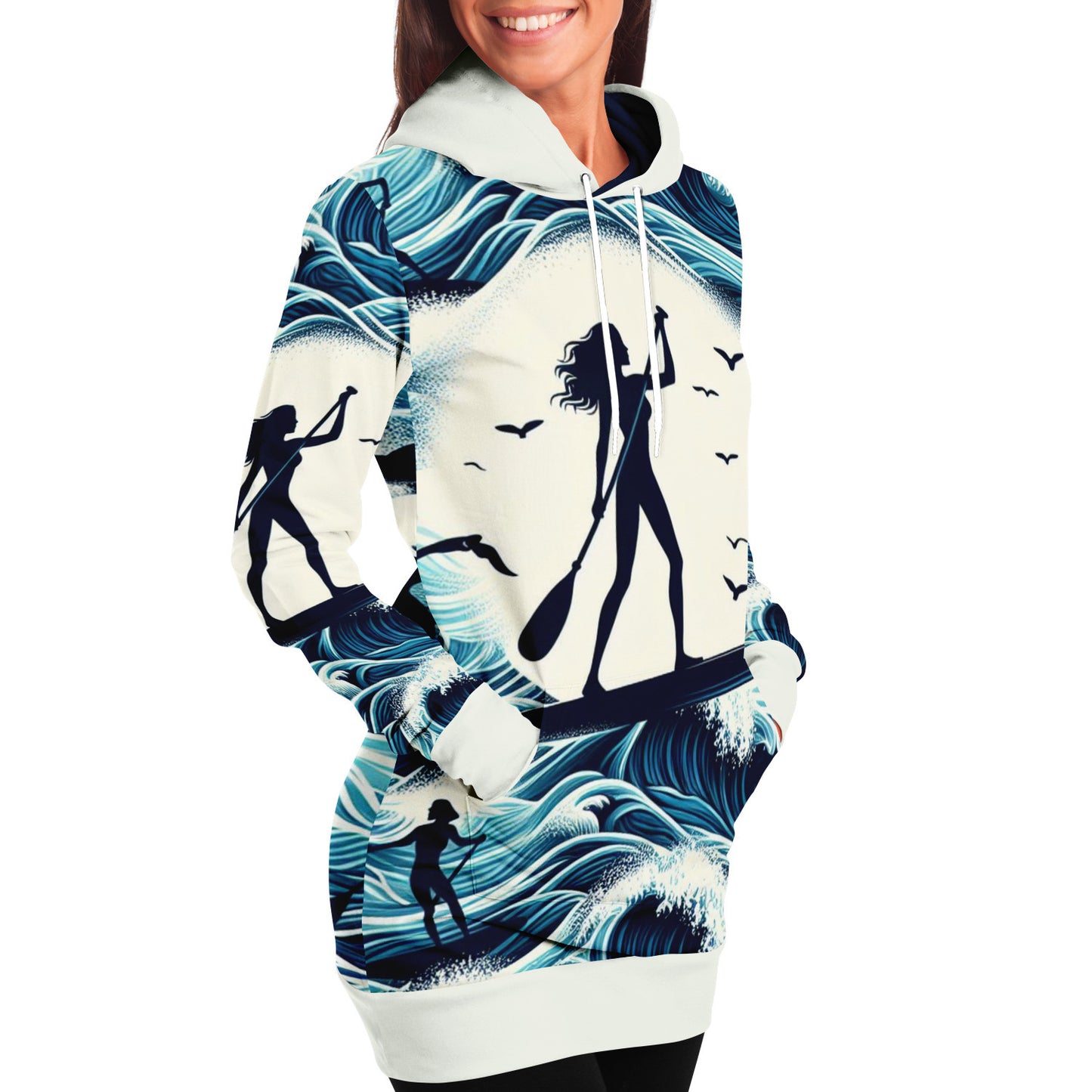 Women's White And Blue Ocean Waves Paddleboarder Longline Athletic Hoodie
