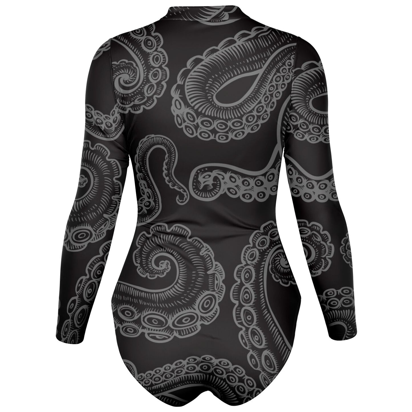 Women's Black Octopus Long Sleeve Zip-Front One-Piece Swimsuit