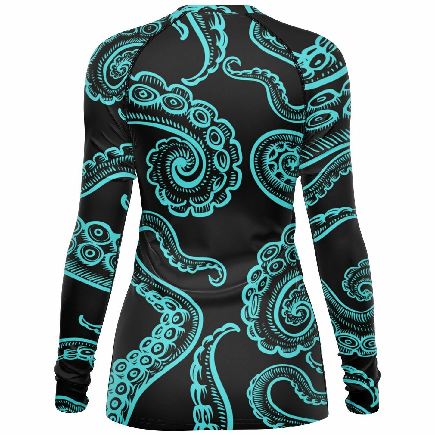 Women's Black and Teal Octopus Surf Shirt Long Sleeve Rashguard