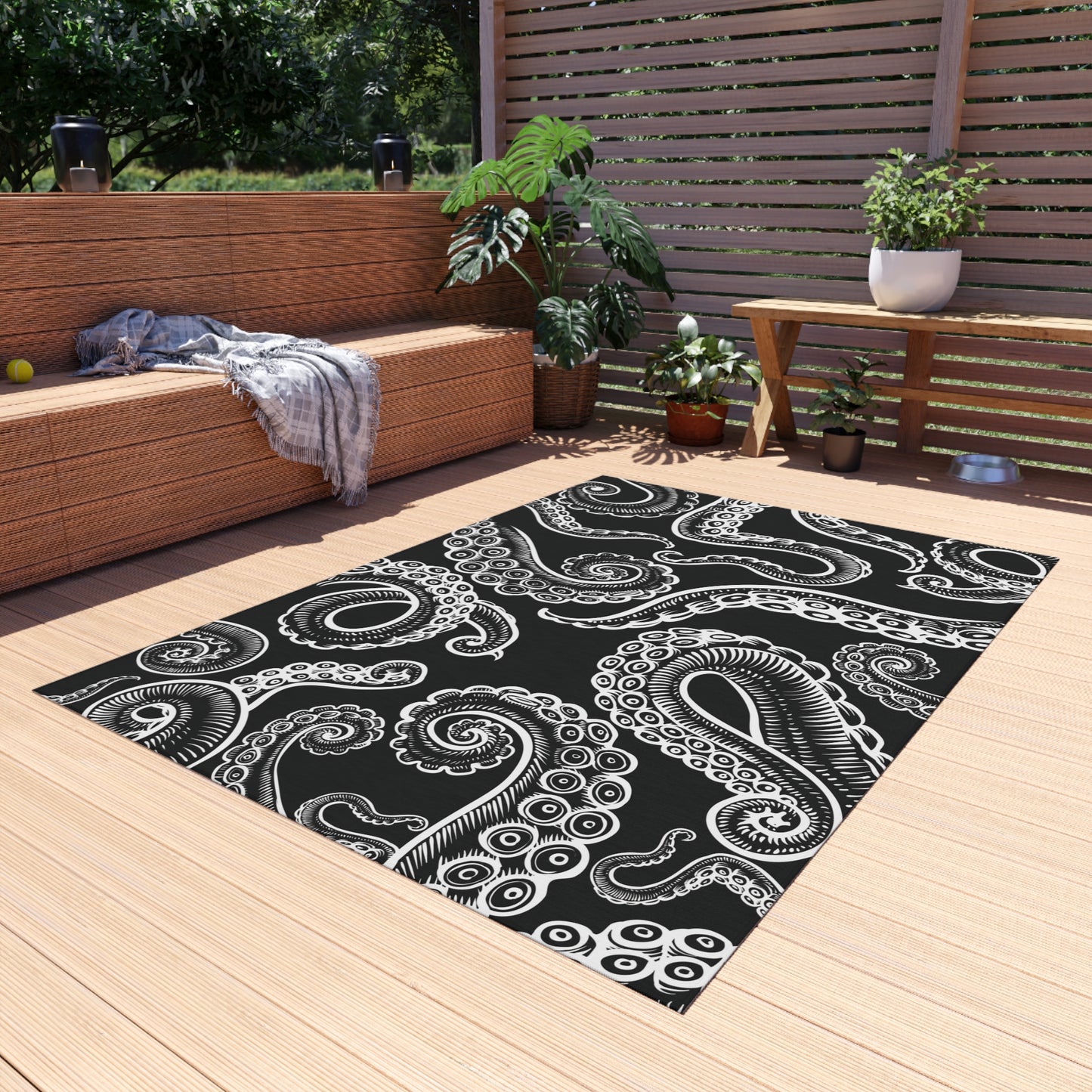 Modern Black and White Octopus Tentacles Design Water and Mildew Outdoor Rug