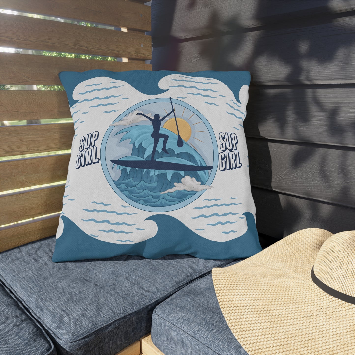 Blue Paddleboarder Girl on Board Water and Mildew Resistant Outdoor Pillows