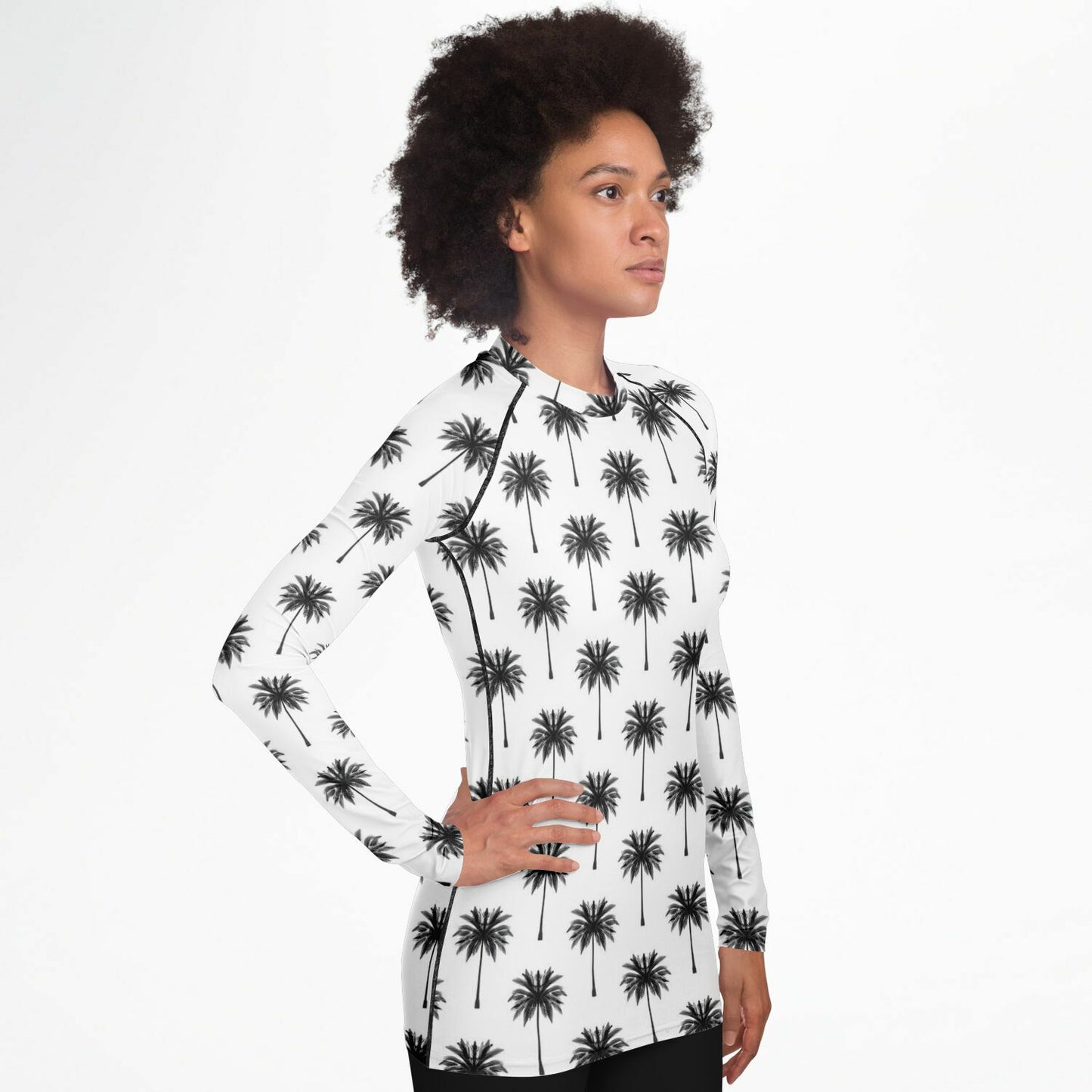 Women's Black & White Palm Print Long Sleeve Rashguard