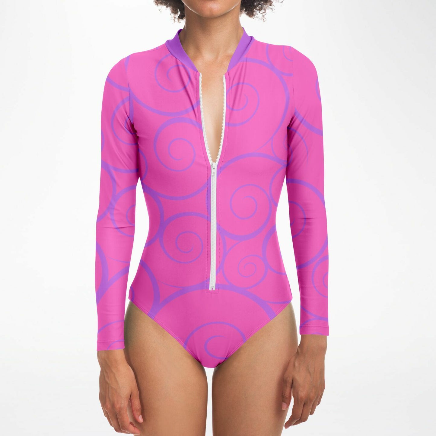 Women's Pink and Purple Bodysuit Long Sleeve One Piece Swimwear