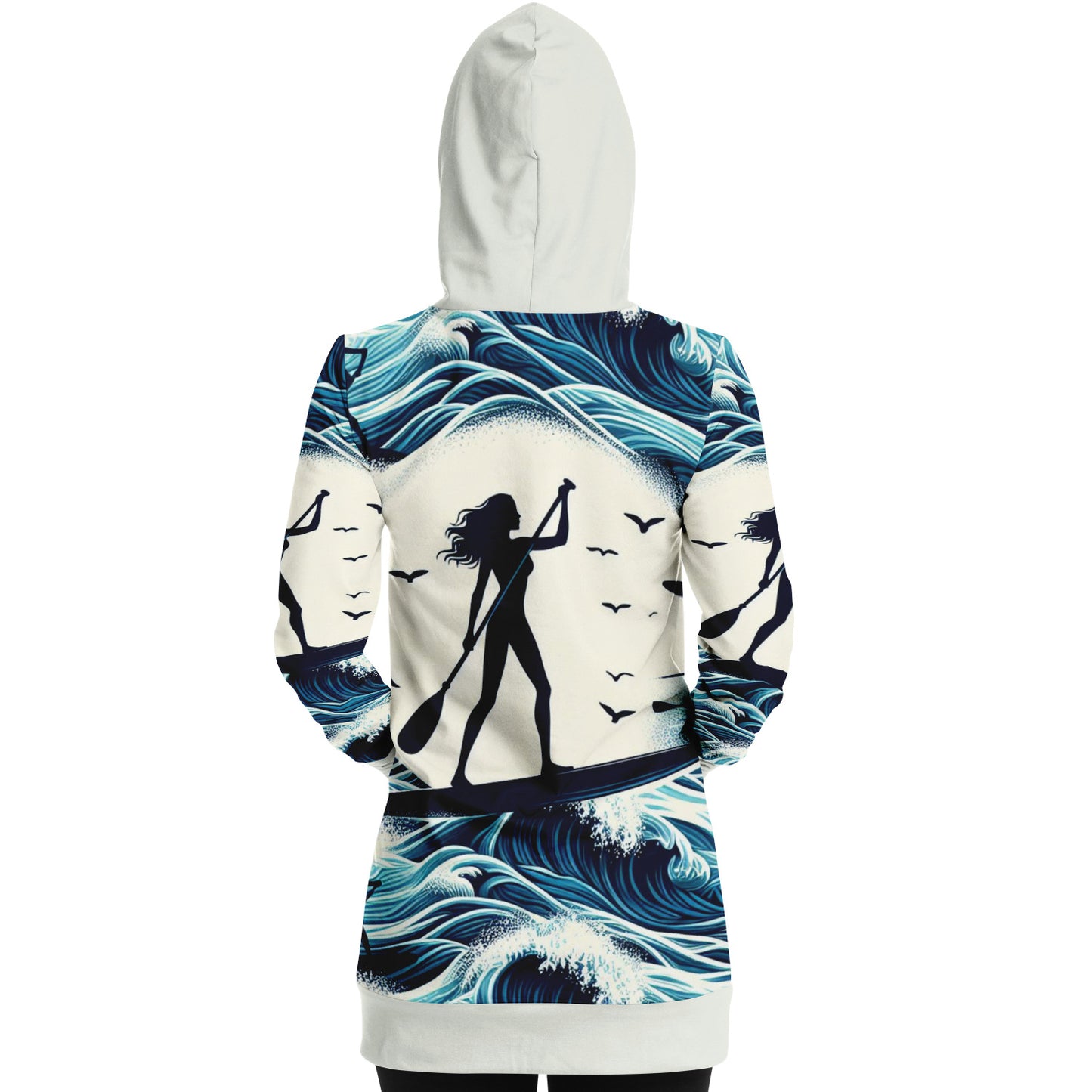 Women's White And Blue Ocean Waves Paddleboarder Longline Athletic Hoodie