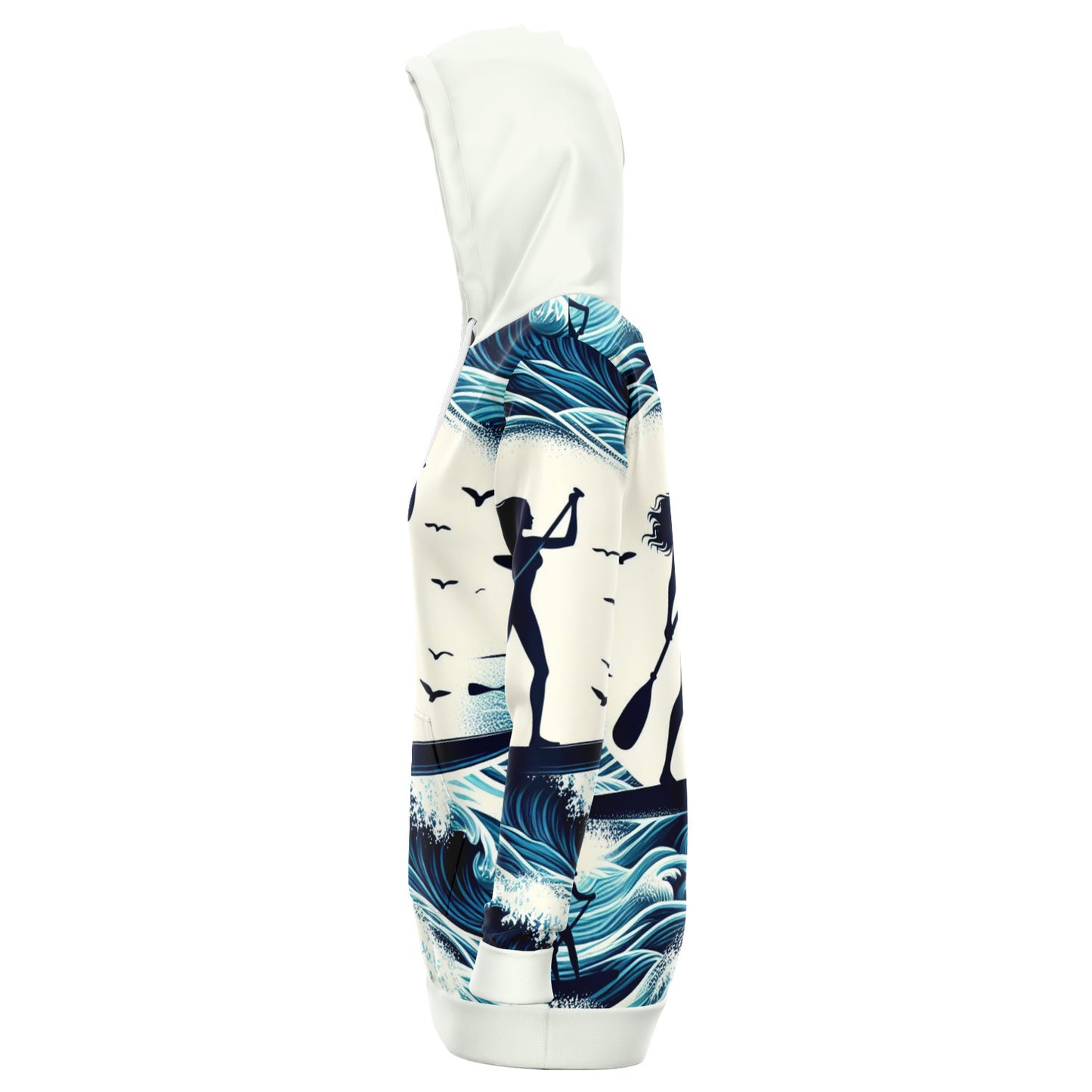 Women's White And Blue Ocean Waves Paddleboarder Longline Athletic Hoodie
