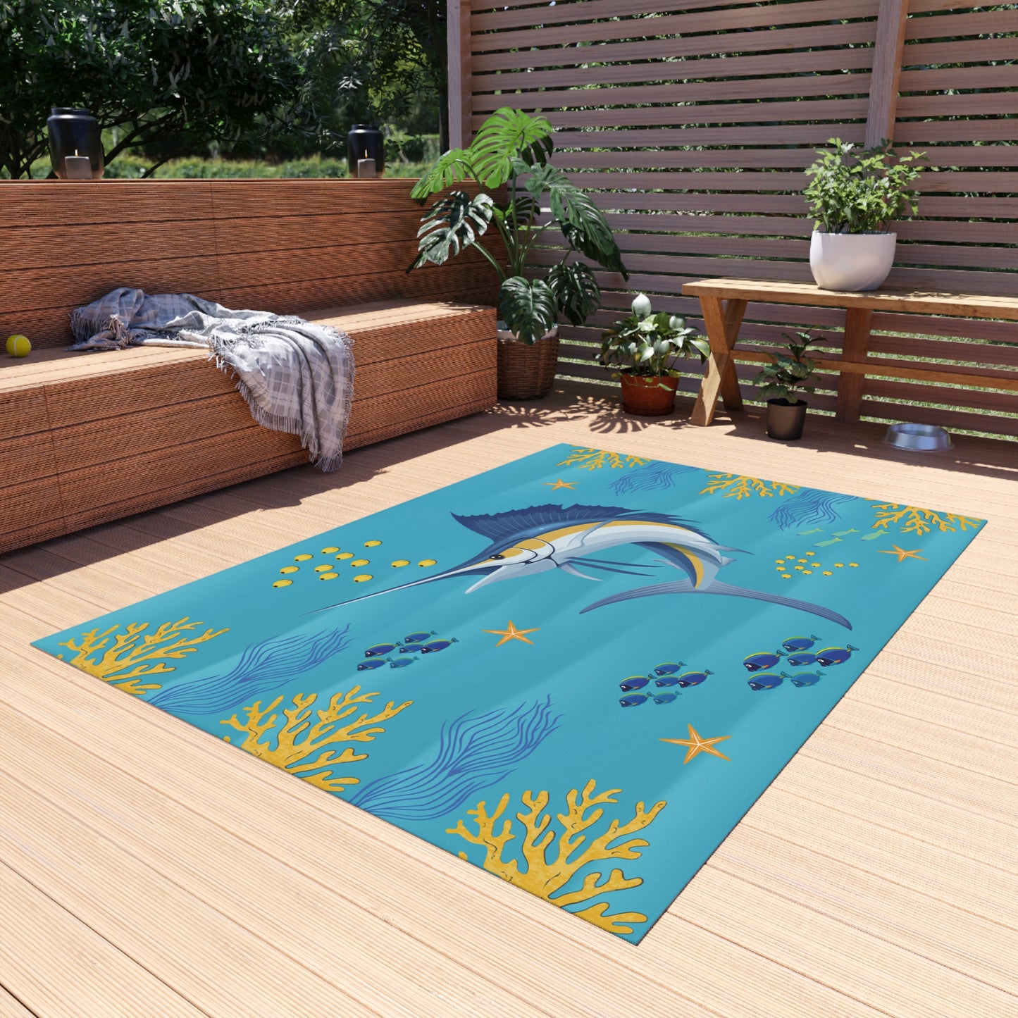 Large White Marlin Fish Surrounded by Coral Blue and Yellow Outdoor Rug