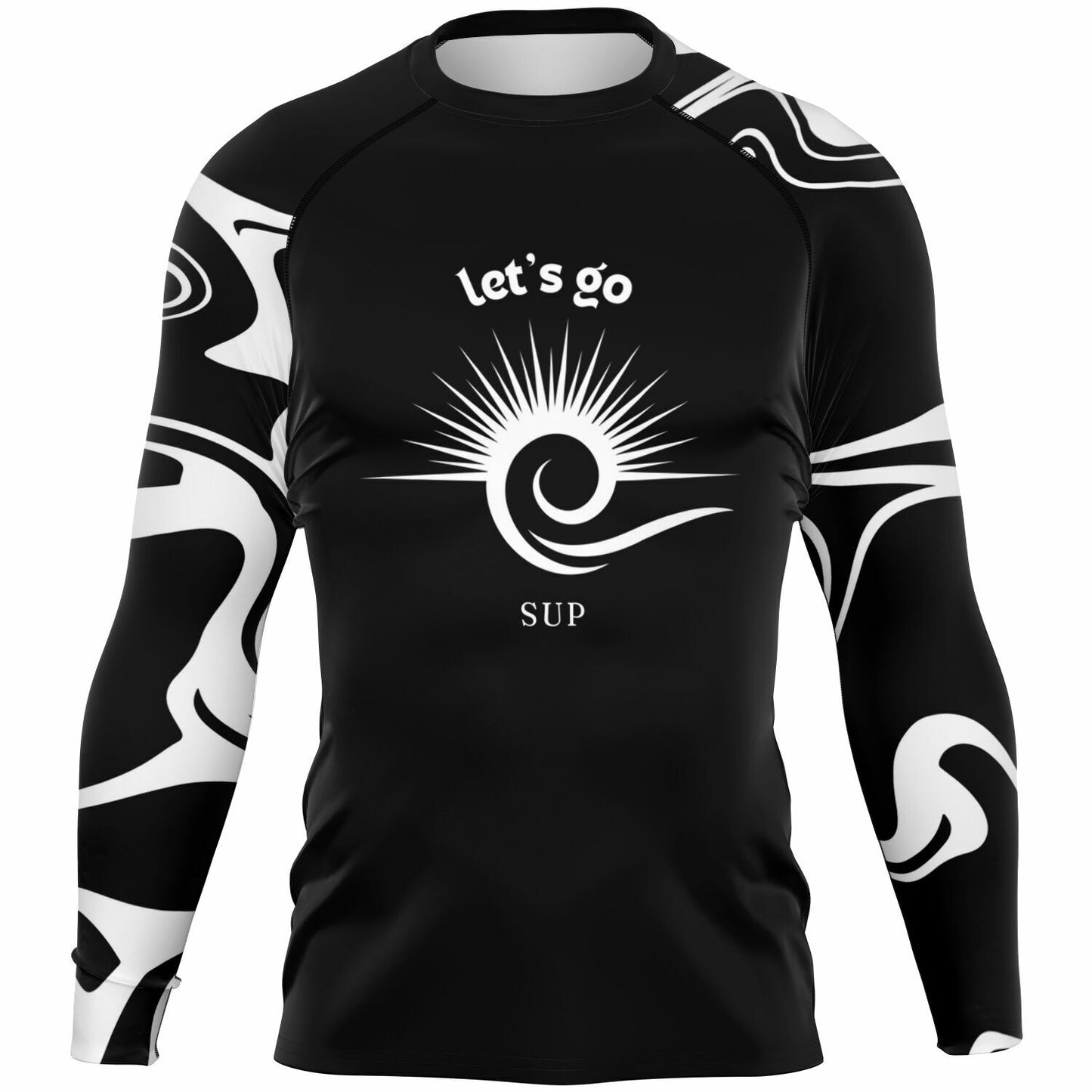 Men's Black and White Stylish Rashguard with Sun and Let's Go Sup Design