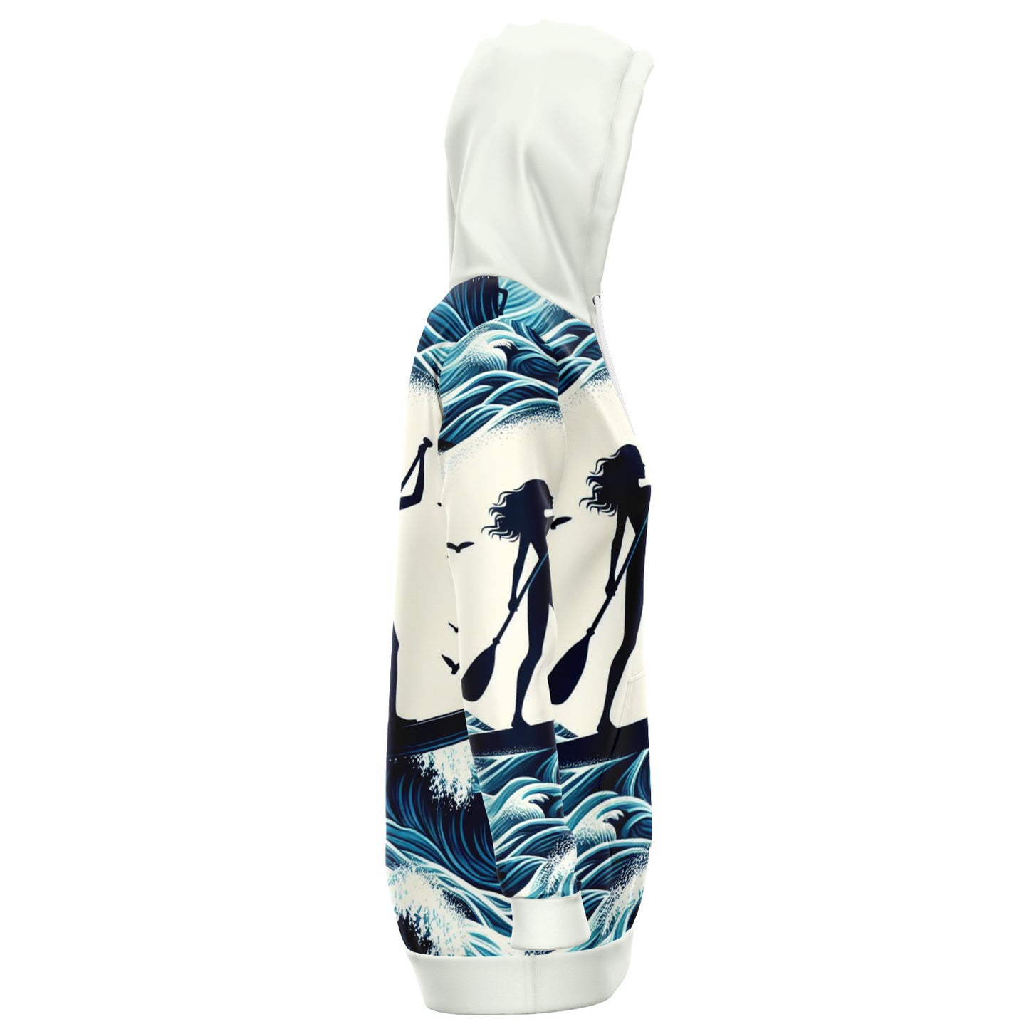 Women's White And Blue Ocean Waves Paddleboarder Longline Athletic Hoodie