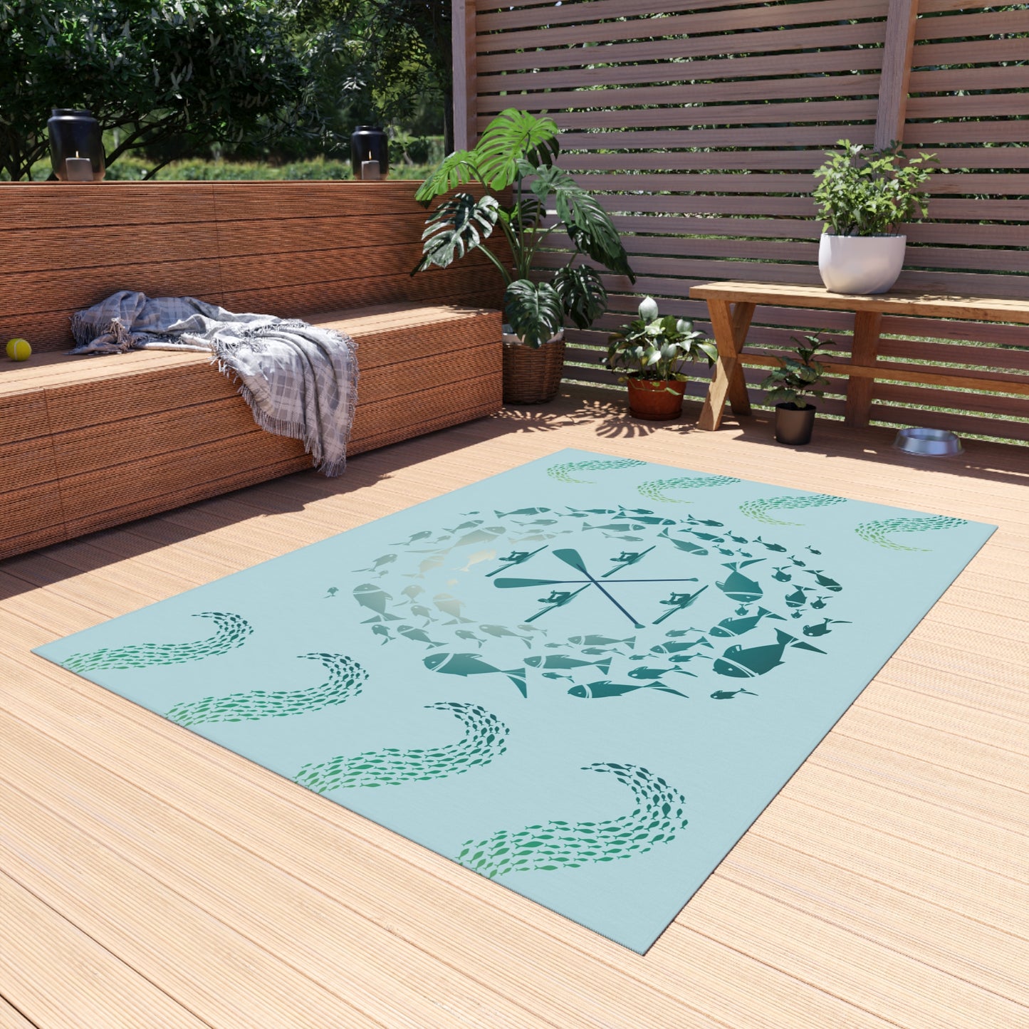 Pastel Blue School of Fish and Paddles Water and Mildew Resistant Outdoor Rug