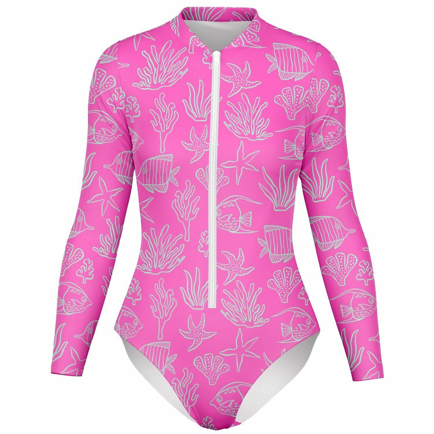 Pink with Beach Elements All Over Design Women's Bodysuit Long Sleeve One Piece Swimwear
