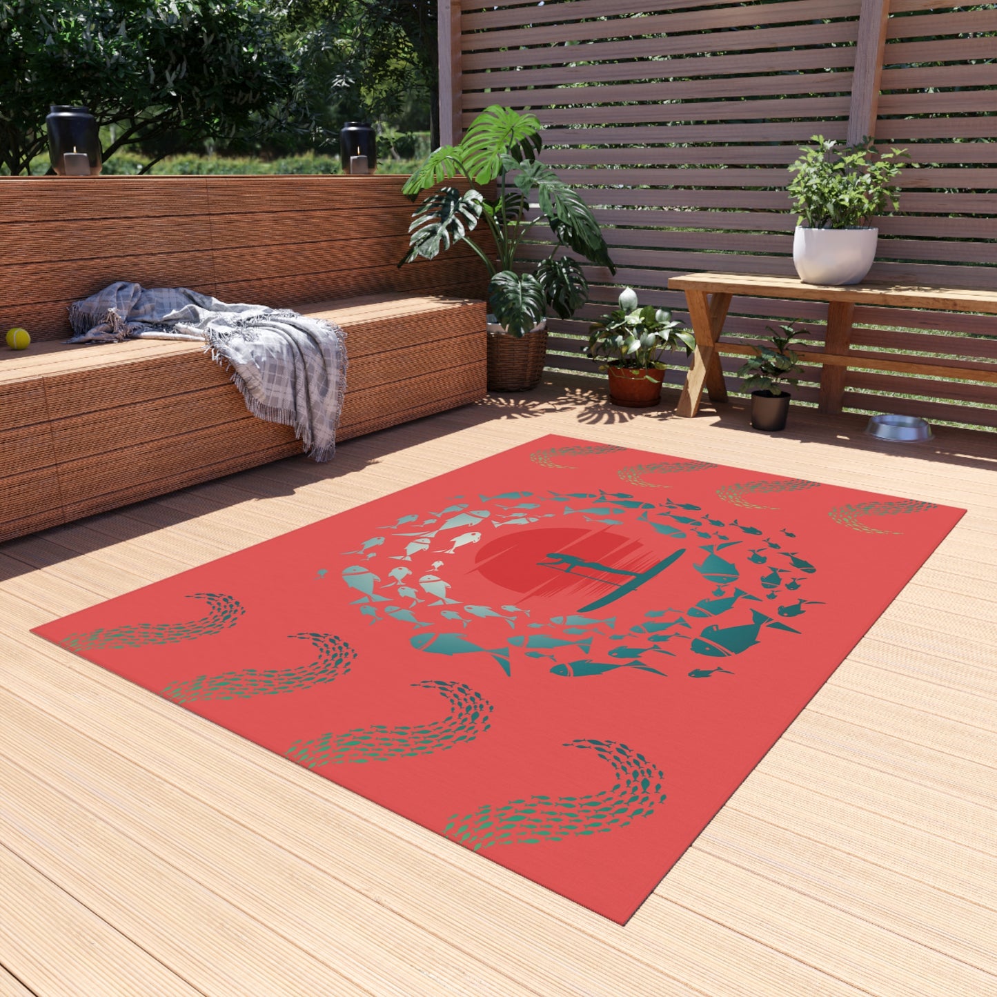 Vibrant Red and Blue Paddleboarder Surrounded by Fish Water Resistant Outdoor Rug
