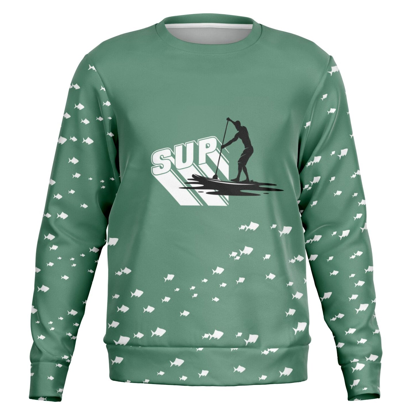 Green Men's Paddleboarding Soft Sweatshirt with Fish and Paddle Design