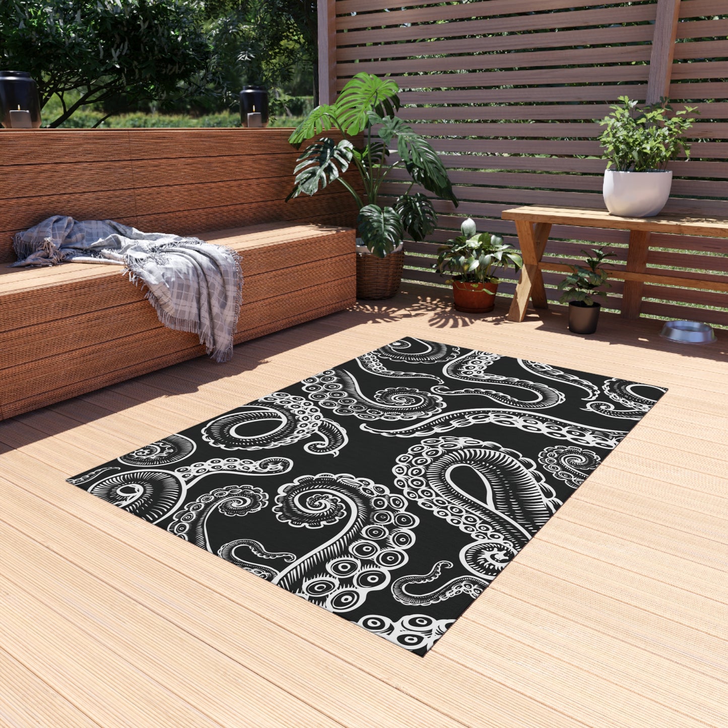 Modern Black and White Octopus Tentacles Design Water and Mildew Outdoor Rug