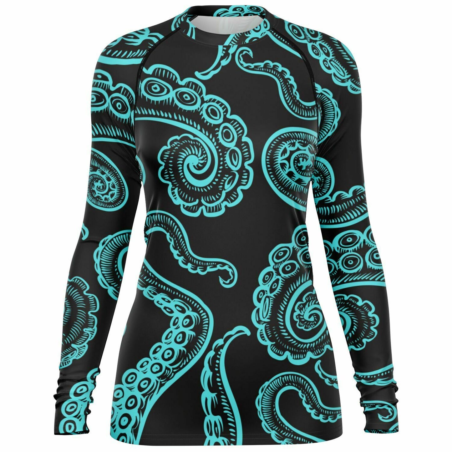 Women's Black and Teal Octopus Surf Shirt Long Sleeve Rashguard