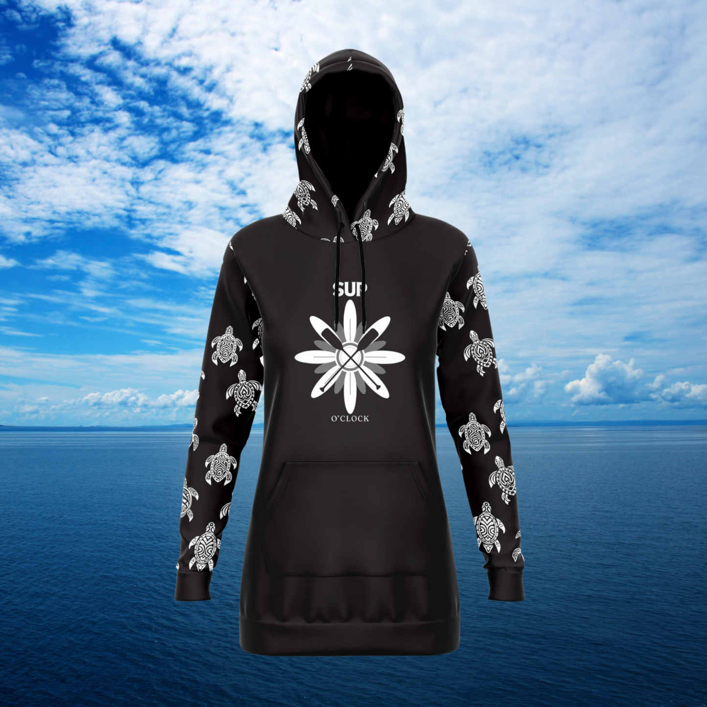 Women's Black SUP O'clock with Turtles Longline Athletic Hoodie