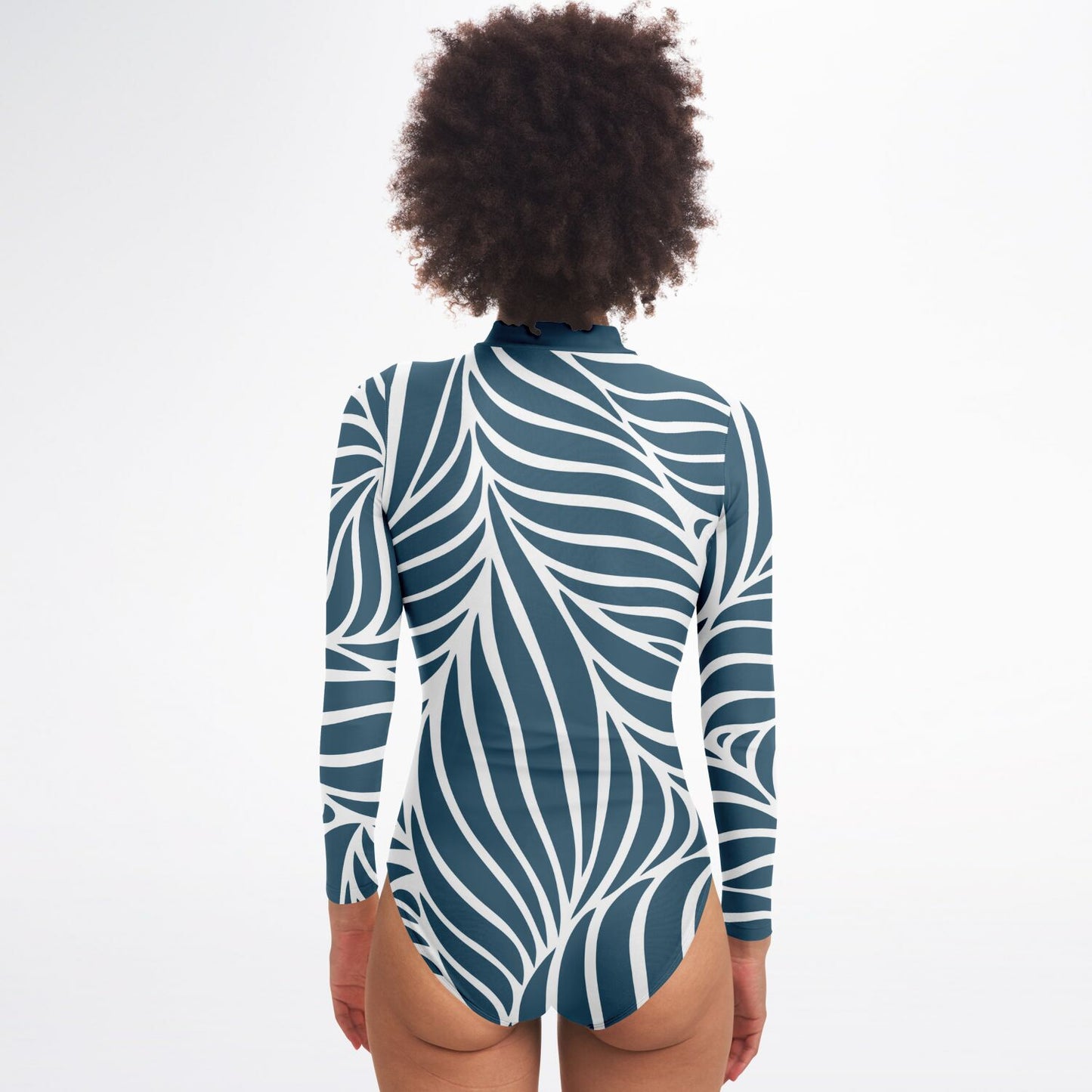 Women's White Dark Teal Abstract Waves Bodysuit Long Sleeve One Piece Swimwear