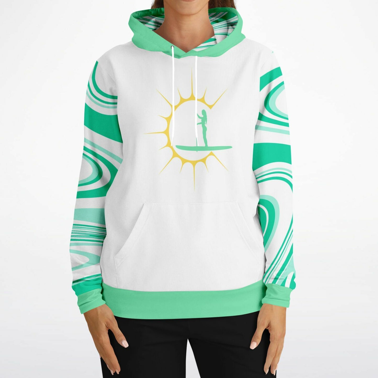 Women's Fun In The SunWhite and Green Athletic Hoodie With Paddleboarder