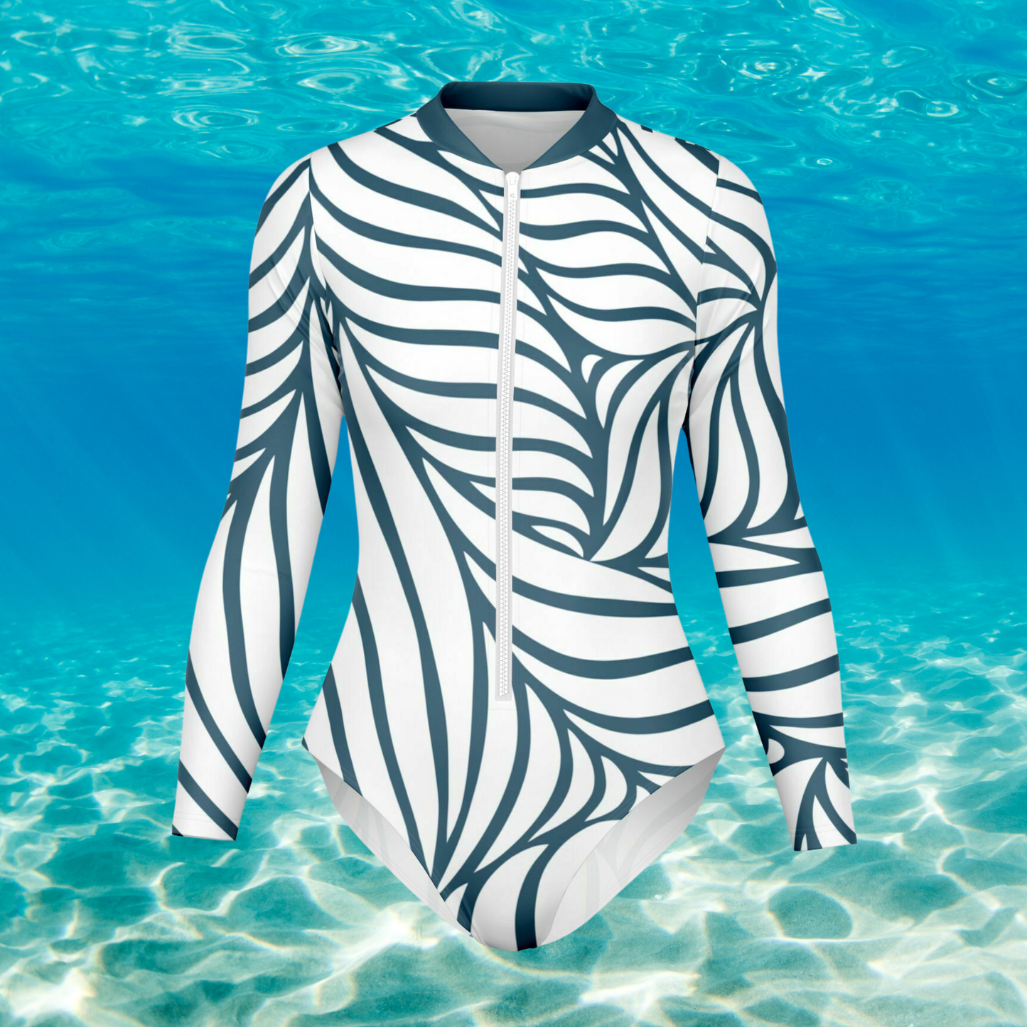 White and Dark Teal Abstract Lines Design Women's Bodysuit Long Sleeve One Piece Swimwear