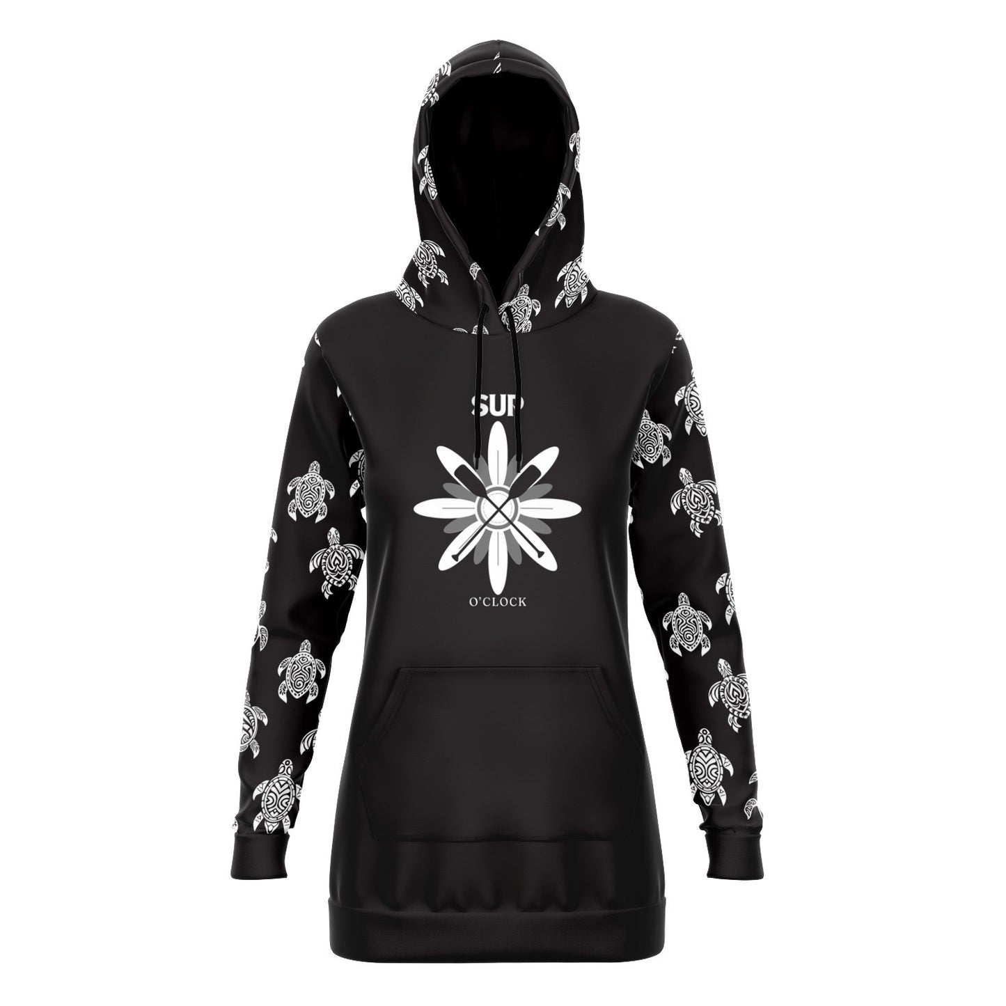 Women's Black SUP O'clock with Turtles Longline Athletic Hoodie