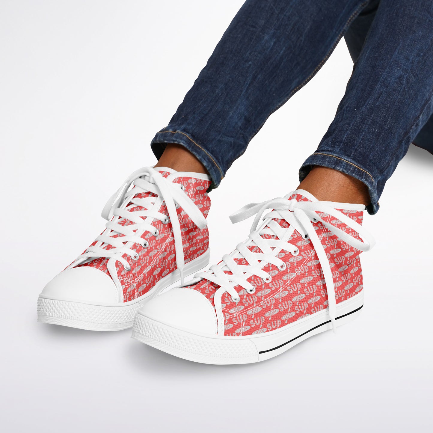 Women's Red and White Outsole with Light Grey Paddleboarding Design Urban Peak High Top Shoes
