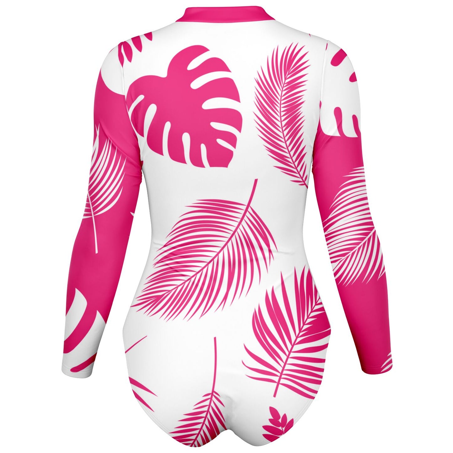 Pink and White Tropical Leaves Women's Bodysuit Long Sleeve One Piece Swimwear