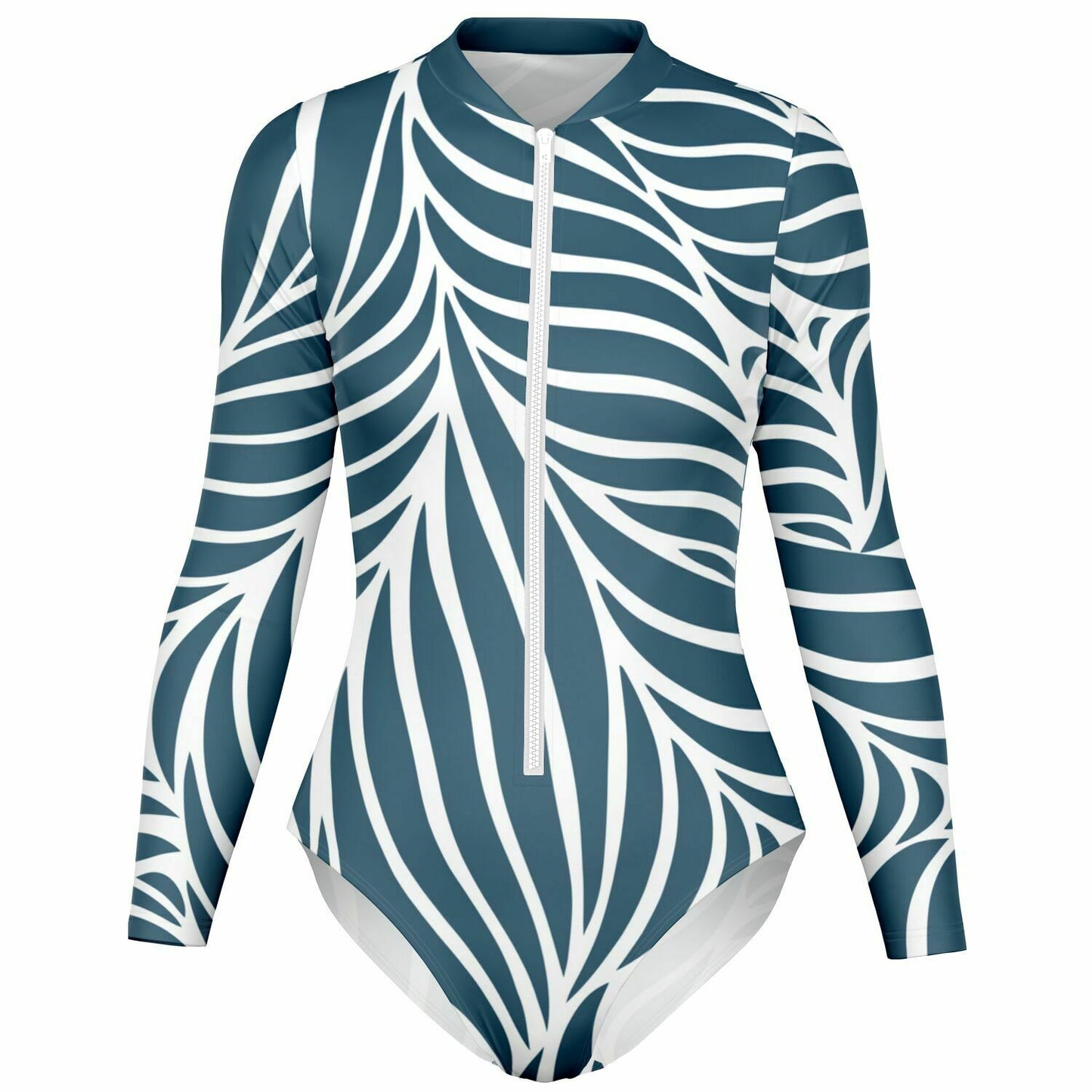 Women's White Dark Teal Abstract Waves Bodysuit Long Sleeve One Piece Swimwear