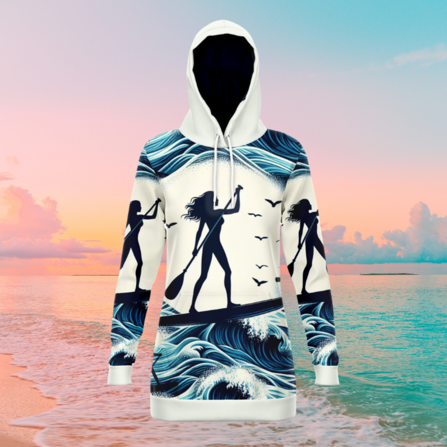 Women's White And Blue Ocean Waves Paddleboarder Longline Athletic Hoodie
